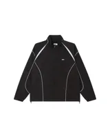 Campera rompevientos Obey de corte deportivo, color negro con detalles de líneas blancas en contraste. Presenta cierre frontal completo, cuello alto y logo de la marca estampado en el pecho.