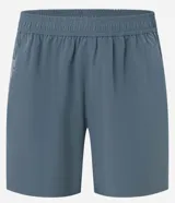 Bermuda deportiva masculina color verde oliva, confeccionada en poliéster y elastano. Posee cintura elástica con cordón interno ajustable y estampa reflectante en el lateral. Ideal para actividades deportivas.
