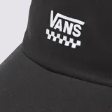 Gorra negra de Vans, modelo Court Side Curved Bill Jockey, de seis paneles con visera curva y logo de la marca bordado en blanco en el frente.