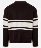 Cárdigan masculino de punto color marrón con rayas horizontales color crema, cuello en V, abotonado delantero y manga larga.