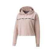 Buzo con capucha Puma para mujer, color rosa pálido, de corte cuadrado y relajado, con logo de Puma estampado en el pecho y cinta con el logo repetido a lo largo del pecho.