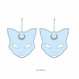 Par de aros colgantes con forma de cabeza de gato celeste y detalles plateados.