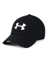 Gorra deportiva Under Armour modelo Blitzing 3.0, color negro con logo bordado en blanco en la parte frontal. Cuenta con banda de sudor HeatGear integrada y tejido elástico transpirable.