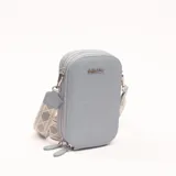 Bolso porta celular celeste con doble compartimento con cierre y correa de tela estampada regulable.