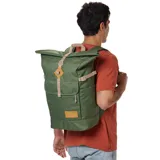 Mochila Jansport Hatchet Rolltop color verde con detalles en beige.