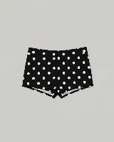 Short ajustado de licra con estampado de lunares negros sobre fondo blanco. Diseño de tiro medio y corte corto.
