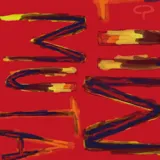 Pañuelo cuadrado de seda con estampado artístico abstracto en tonos rojos, amarillos y marrones, con trazos geométricos y orgánicos.