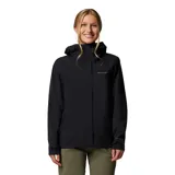 Campera impermeable Columbia con tecnología Omni-Tech, color negro, con capucha ajustable, cierre frontal con solapa, ventilación en axilas y puños ajustables.