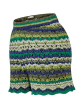 Short tiro alto tejido de punto con diseño de rayas en zigzag multicolor, confeccionado en mezcla de algodón orgánico, acrílico y lino orgánico.