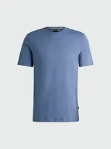 Remera de algodón de corte regular, color gris oscuro, con cuello redondo y logo de la marca bordado discretamente en el pecho.