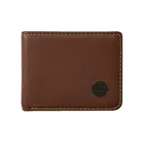 Billetera marrón de cuero con costuras a contratono y logo metálico de Rip Curl. Cuenta con protección RFID.