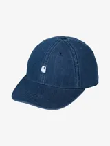 Gorra de seis paneles confeccionada en mezclilla de algodón azul, con visera curva y logo bordado en el panel frontal.