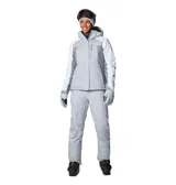 Campera técnica de esquí Columbia con tecnología Omni-Tech impermeable y forro termorreflectante Omni-Heat. Presenta diseño tricolor en tonos gris y blanco, capucha ajustable compatible con casco, cierre frontal con solapa protectora, bolsillo en el pecho con cremallera sellada y puños con orificios para pulgares.