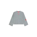 Buzo crewneck Eme Studios con diseño a rayas horizontales en color azul marino y blanco, de manga larga y corte oversize, con detalle de logo bordado en el pecho y parche rojo en la manga.