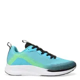 Championes deportivos Umbro modelo Primus, de color turquesa con detalles en negro y verde neón. Presentan un diseño aerodinámico con cordones negros, suela blanca con amortiguación y refuerzo en la puntera.