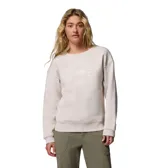 Buzo de cuello redondo color gris claro, confeccionado en mezcla de algodón, con diseño de hombros caídos, puños y dobladillo acanalados. Presenta un estampado circular frontal con la inscripción "Columbia Sportswear" en tonos claros.