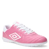 Championes de fútbol Umbro modelo Touch TF, color rosado con detalles en blanco. Presentan costuras reforzadas en la puntera, logo de la marca en el lateral y suela diseñada para césped sintético.