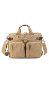 Mochila porta notebook color verde oliva de tela canvas con detalles en cuero marrón. Tiene múltiples bolsillos con cierre y correas ajustables.