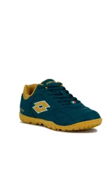 Championes de fútbol 5 Lotto modelo Lecce II TF, color verde oscuro con detalles en mostaza y suela de goma.