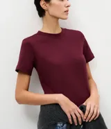 Remera básica de corte ajustado, color marrón, con cuello redondo y mangas cortas, confeccionada en tejido de rib acanalado.