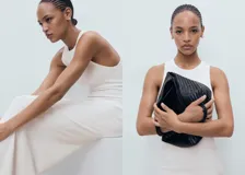 Vestido largo de punto, color blanco, con cuello halter y diseño entallado al cuerpo.