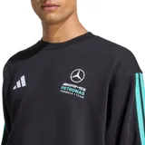 Buzo deportivo Adidas de cuello redondo, color negro, con bandas celestes en las mangas y logotipos de Adidas y Mercedes AMG-Petronas estampados en el pecho.