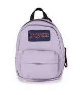 Mini mochila decorativa tipo charm de la marca JanSport, en color lila, con cierre frontal y logo bordado en la parte superior.