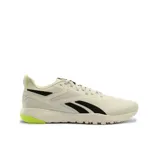 Championes de entrenamiento Reebok Flexagon Force 4, color crema con detalles en negro y verde flúor.