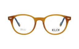 Anteojos de receta marca Klik, modelo 105AU, con armazón de acetato en color caramelo translúcido y patillas con detalles en azul.