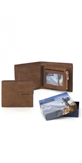 Billetera plegable para hombre de cuero sintético color marrón, con diseño de costuras decorativas, compartimentos para tarjetas, visor para documentos y bolsillo interno con cierre.