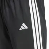 Conjunto deportivo Adidas compuesto por una campera con cierre frontal y cuello alto, y un pantalón de jogging con cintura elástica. Ambas piezas son de color negro con las icónicas tres franjas blancas en los laterales y el logo de la marca estampado en el pecho y en el muslo.