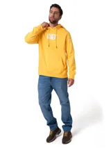 Buzo canguro amarillo de felpa con capucha y cordones de ajuste, bolsillo tipo canguro frontal, puños y dobladillo acanalados, y logotipo de CAT bordado en blanco en el pecho.