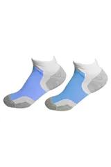 Pack de dos pares de soquetes deportivos con diseño ergonómico, combinando paneles en color blanco, azul y gris.