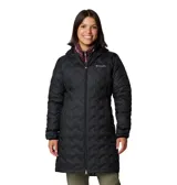 Campera larga tipo parka de Columbia, modelo Delta Ridge II, en color negro. Presenta un diseño acolchado con tecnología HeatSeal sin costuras, cierre frontal de doble sentido, capucha integrada y bolsillos laterales con cremallera. Cuenta con tecnología Omni-Heat termorreflectante y aislamiento de plumón.