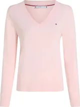 Sweater Tommy Hilfiger de punto color rosa claro, con cuello en V y logo bordado en el pecho.