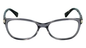 Lentes de receta Longchamp con marco de acetato en tono gris traslúcido y diseño de forma rectangular redondeada. Incluye detalles metálicos en las bisagras.