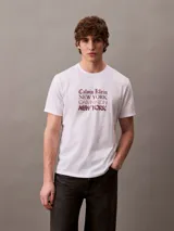 Remera de manga corta color blanco, con cuello redondo y corte regular. Presenta un estampado frontal con el logo y la inscripción 'Calvin Klein New York' en color bordó.