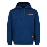 Buzo con capucha y bolsillo frontal tipo canguro, color azul marino con logo de la marca estampado en color naranja en el pecho.