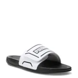 Sandalias Puma modelo Royalcat Comfort 2, con base negra y tira superior blanca con el logo de la marca en negro. Presenta un diseño ergonómico con tecnología Softride para mayor amortiguación.