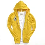 Campera con capucha amarilla con cierre frontal, bolsillos laterales y cordones blancos. Tiene un pequeño logo bordado en el pecho.