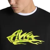 Buzo negro de cuello redondo con logo de Alva Skates estampado en el pecho y llamas estampadas en las mangas.