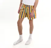 Short de tela con rayas verticales en colores azul, amarillo y naranja.