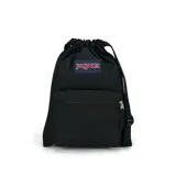 Mochila JanSport negra con cierre tipo bolsa, tirantes ajustables y bolsillo frontal con cierre.
