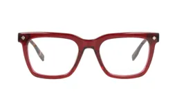 Armazones de lentes Demenego modelo 164/52, de diseño geométrico en color rojo traslúcido con detalles metálicos romboidales en las esquinas frontales.