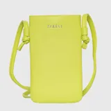 Phone bag marca Bubba, color lila, confeccionado en cuero vegano con textura granulada. Presenta un diseño minimalista vertical con logo de la marca grabado en el frente y correa larga ajustable mediante nudos laterales.