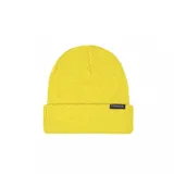 Gorro beanie tejido de punto color verde militar con dobladillo y pequeña etiqueta con el logo de la marca Emerica.