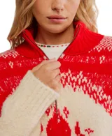 Sweater blanco con cuello alto y media cremallera, diseño holgado y extragrande. Presenta un patrón de punto jacquard en azul y amarillo neón, con motivos florales y geométricos. Los puños y el dobladillo son acanalados.