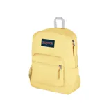Mochila Jansport color amarillo con logo de la marca en el frente, bolsillo frontal con cierre y bolsillo lateral de malla.