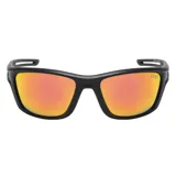 Lentes de sol Cabo modelo Aruba, con marco negro y lentes polarizados espejados en tono naranja/rojo. Fabricados con plástico reciclado y con filtro UV 400.