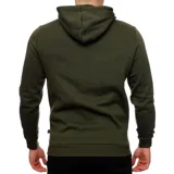 Canguro Puma de hombre con capucha y cordones ajustables, color verde oscuro. Presenta un bolsillo frontal tipo canguro y el logo de la marca estampado en el pecho en colores negro y naranja.